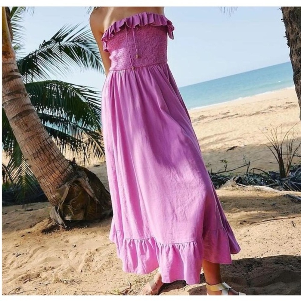 Free People Maxi Dress Small Purple Linen Smocked Ruffle Boho Strapless